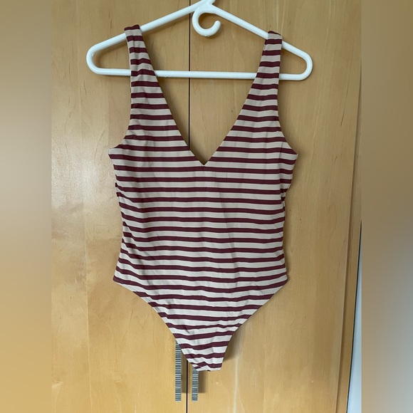 Babaton Other - Striped Burgundy & Cream V-Neck One-Piece Bodysuit